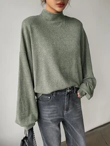 DAZY Mock Neck Bishop Sleeve Pullover - Army Green - View 4