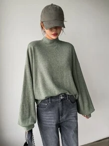 DAZY Mock Neck Bishop Sleeve Pullover - Army Green - View 6