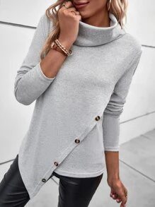 SHEIN LUNE 堆堆領紐扣細節不對稱下擺T恤 - 灰色 - 查看 1