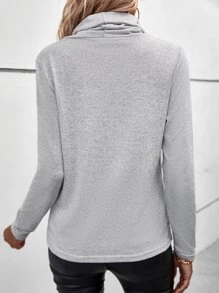 SHEIN LUNE 堆堆領紐扣細節不對稱下擺T恤 - 灰色 - 查看 2