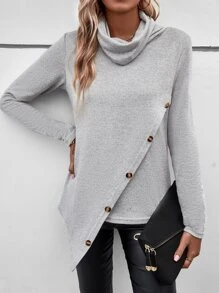 SHEIN LUNE 堆堆領紐扣細節不對稱下擺T恤 - 灰色 - 查看 4