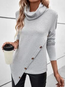 SHEIN LUNE 堆堆領紐扣細節不對稱下擺T恤 - 灰色 - 查看 5