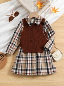 SHEIN Bộ thời trang bé gái Nút phía trước Sọc ca rô Sẵn sàng - Nhiều màu - Xem 1