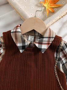 SHEIN Bộ thời trang bé gái Nút phía trước Sọc ca rô Sẵn sàng - Nhiều màu - Xem 3
