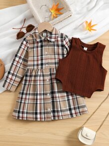 SHEIN Bộ thời trang bé gái Nút phía trước Sọc ca rô Sẵn sàng - Nhiều màu - Xem 5