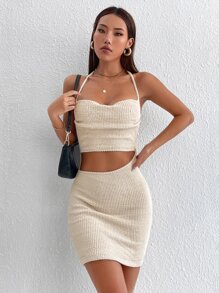 SHEIN PETITE Vestido ajustado con abertura de cuello halter de espalda abierta - Albaricoque - Ver 4
