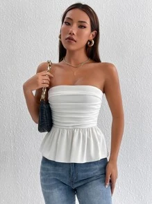 SHEIN PETITE Ruched Backless Peplum Tube Women Crop Top Strapless Top