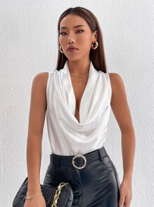 SHEIN PETITE Draped Neck Satin Blouse - White - View 4