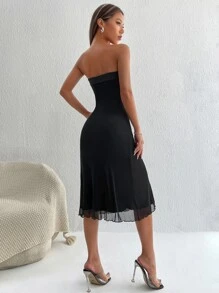 SHEIN PETITE Solid Contrast Mesh Tube Dress - Black - View 2