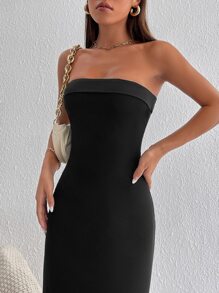 SHEIN PETITE Solid Contrast Mesh Tube Dress - Black - View 3