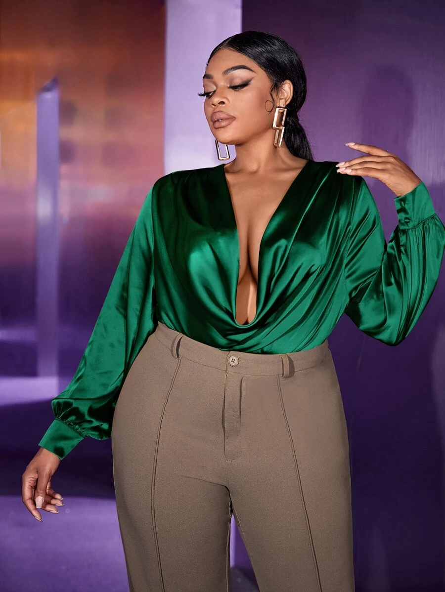 Slaydiva Áo sơ mi Plus Size Nút Vắt màu trơn Gợi cảm - Màu xanh lá cây đậm - Xem 1