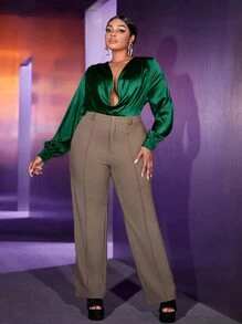 Slaydiva Áo sơ mi Plus Size Nút Vắt màu trơn Gợi cảm - Màu xanh lá cây đậm - Xem 2