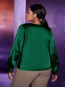 Slaydiva Áo sơ mi Plus Size Nút Vắt màu trơn Gợi cảm - Màu xanh lá cây đậm - Xem 4