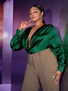 Slaydiva Áo sơ mi Plus Size Nút Vắt màu trơn Gợi cảm - Màu xanh lá cây đậm - Xem 5
