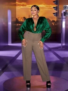 Slaydiva Áo sơ mi Plus Size Nút Vắt màu trơn Gợi cảm - Màu xanh lá cây đậm - Xem 6