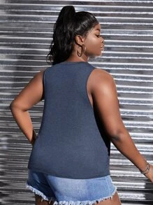 Slaydiva 大碼老虎和字母圖案鎖脖領口背心上衣 - 藏蓝色 - 查看 2