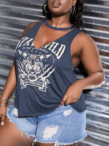 Slaydiva 大碼老虎和字母圖案鎖脖領口背心上衣 - 藏蓝色 - 查看 3