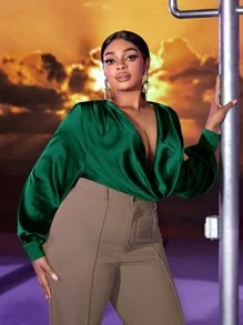 Slaydiva Áo sơ mi Plus Size Nút Vắt màu trơn Gợi cảm - Màu xanh lá cây đậm - Xem 8