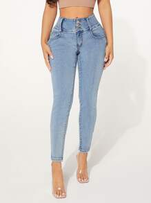SHEIN SXY Quần jean nữ Nút Túi Dây kéo màu trơn - Rửa nhẹ - Xem 2