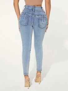 SHEIN SXY Quần jean nữ Nút Túi Dây kéo màu trơn - Rửa nhẹ - Xem 3