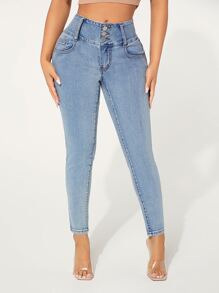 SHEIN SXY Quần jean nữ Nút Túi Dây kéo màu trơn - Rửa nhẹ - Xem 5