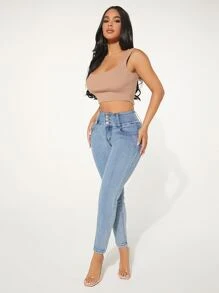 SHEIN SXY Quần jean nữ Nút Túi Dây kéo màu trơn - Rửa nhẹ - Xem 1