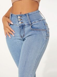 SHEIN SXY Quần jean nữ Nút Túi Dây kéo màu trơn - Rửa nhẹ - Xem 4