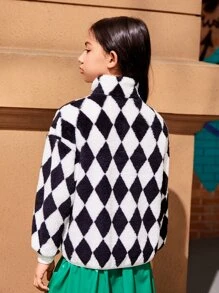 SHEIN Girls Drop Shoulder Argyle Pattern Teddy Sweatshirt - Black and White - View 2