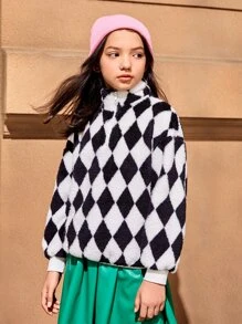 SHEIN Girls Drop Shoulder Argyle Pattern Teddy Sweatshirt - Black and White - View 3