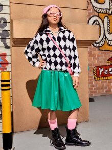 SHEIN Girls Drop Shoulder Argyle Pattern Teddy Sweatshirt - Black and White - View 5