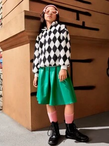 SHEIN Girls Drop Shoulder Argyle Pattern Teddy Sweatshirt - Black and White - View 6