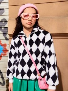 SHEIN Girls Drop Shoulder Argyle Pattern Teddy Sweatshirt - Black and White - View 7