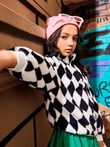 SHEIN Girls Drop Shoulder Argyle Pattern Teddy Sweatshirt - Black and White - View 8