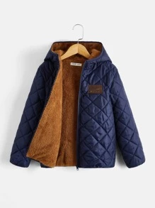 SHEIN 男孩字母補丁細節拉鍊連帽毛絨內襯絎縫外套