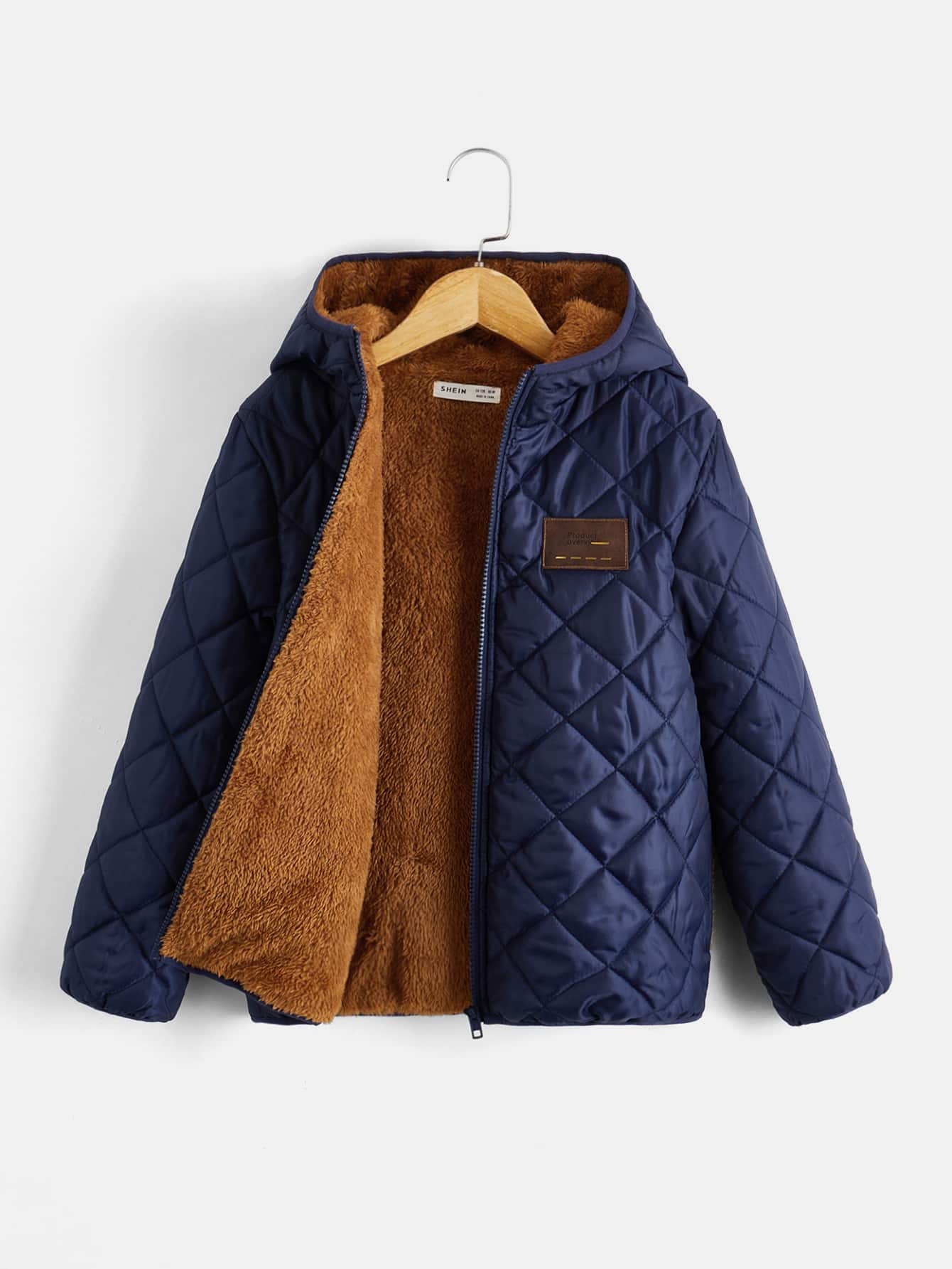 SHEIN 男孩字母補丁細節拉鍊連帽毛絨內襯絎縫外套