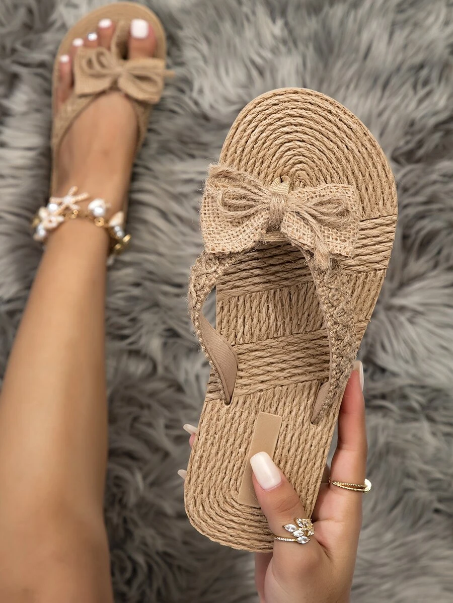 Women Khaki Bow Decor Flip Flops, Toe Post Slippers For Vacation