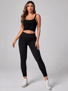 Gameset SHEIN Sport 纯色插肩袖运动 T 恤 压缩衬衫 修身衬衫 运动吊带背心 - 黑色 - 查看 4