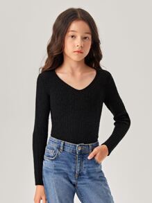 SHEIN Jersey Tejido De Punto Acanalado Sólido Para Niña Adolescente