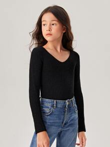 SHEIN Jersey Tejido De Punto Acanalado Sólido Para Niña Adolescente