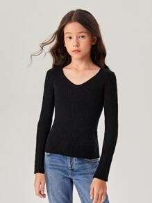 SHEIN Jersey Tejido De Punto Acanalado Sólido Para Niña Adolescente