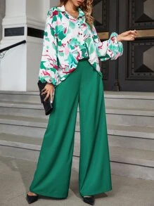 滿版印花燈籠袖襯衫和闊腿褲 - 彩色 - 查看 1