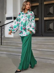 滿版印花燈籠袖襯衫和闊腿褲 - 彩色 - 查看 3