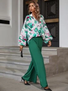 滿版印花燈籠袖襯衫和闊腿褲 - 彩色 - 查看 4