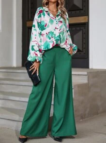 滿版印花燈籠袖襯衫和闊腿褲 - 彩色 - 查看 6