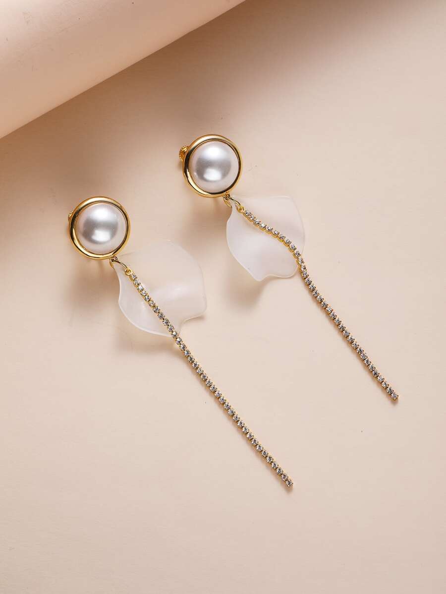 Petal Decor & Rhinestone Decor Drop Earrings - Yellow Gold - View 1