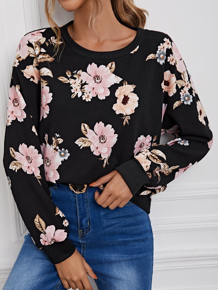 SHEIN LUNE 秋冬花卉印花圆领卫衣 - 彩色 - 查看 1