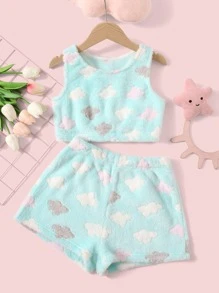 SHEIN Tween Girl Allover Print Flannel Top & Shorts - Mint Green - View 1