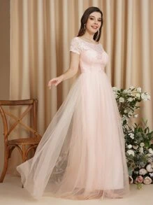 BABYONLINE D.R.E.S.S. Contrast Lace Mesh Overlay Maxi Formal Dress - Pink - View 4