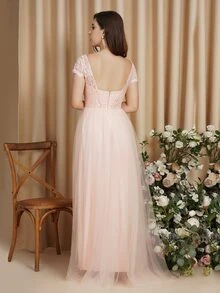 BABYONLINE D.R.E.S.S. Contrast Lace Mesh Overlay Maxi Formal Dress - Pink - View 2