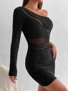SHEIN PETITE One Shoulder Mesh Panel Bodycon Party Women Dress - Black - View 4